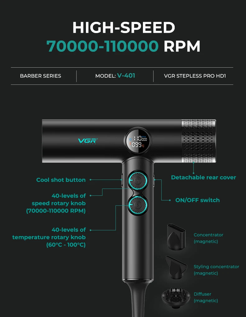 VGR Hair Dryer Professional Hair Dryer BLDC Motor Hair Styling Blow Dryer Machine 110000 RPM Negative Ion Salon Air Blower V-401