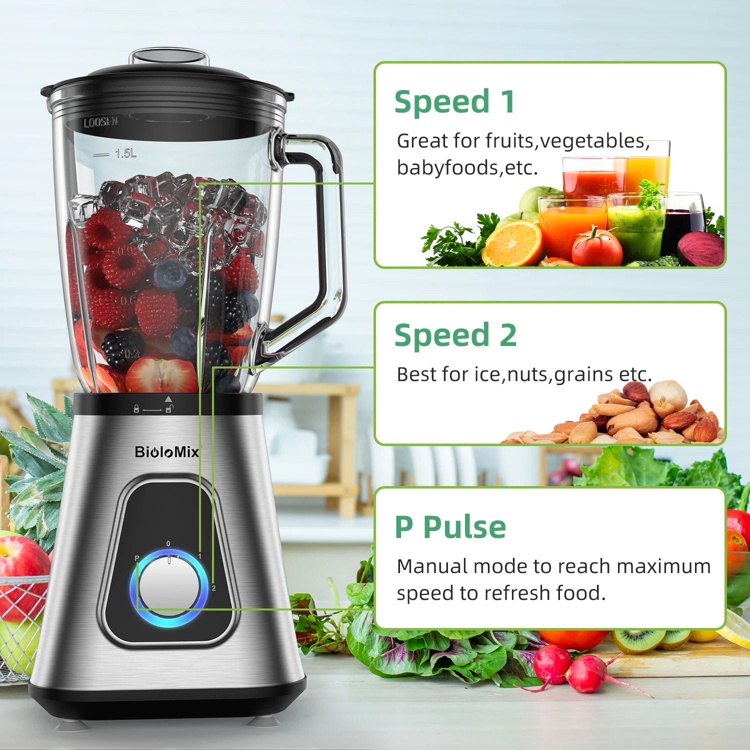 BioloMix Professional 1300W Blender with 1.5L BPA Free Glass Pitcher Perfect for Frozen Smoothies and Homemade Sauces