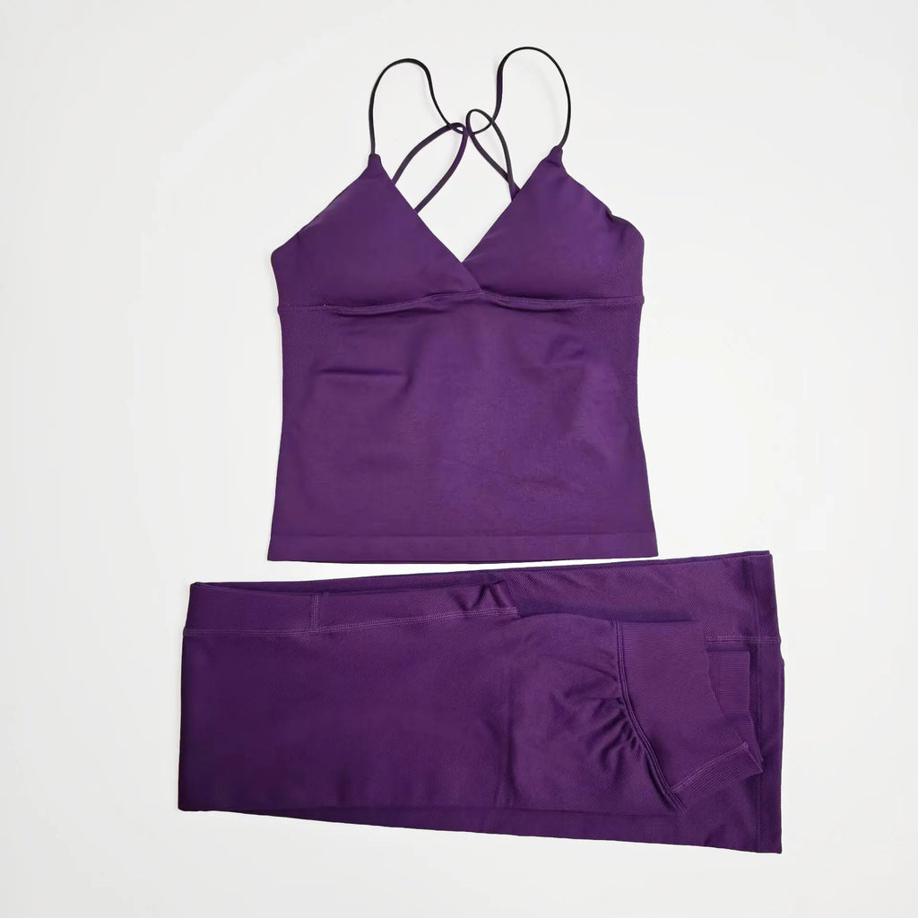 NCLAGEN Women Sportwear Vision Set Twist Front Longline Top + Flares 2 Pieces Fitness Suit Workout Running Outfit Gym Clothing