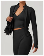 Women's Zipper Crop Sports Jacket Long Sleeve Yoga T-Shirt Solid Quick Dry Fitness Top Gym Running Workout Sportswear