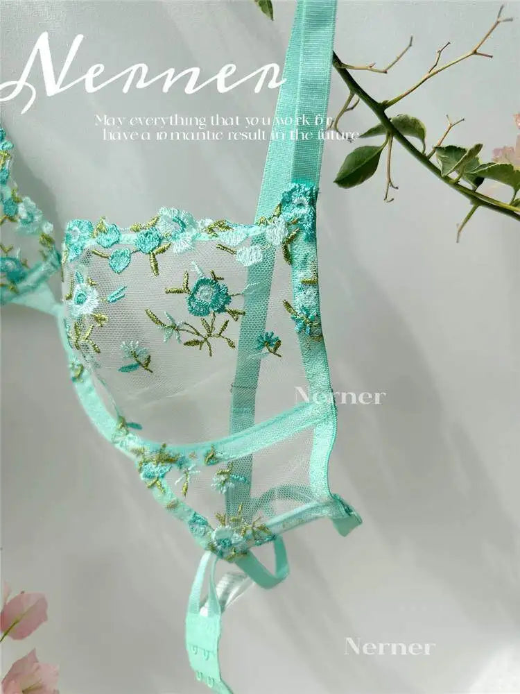 YUQI French Luxury Lingerie Set - Sexy Floral Embroidery Black Bra & Panty Set, Sheer Transparent Seductive Women's Intimates