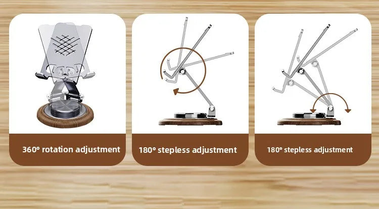 Black Walnut Wood Base Phone Holder Metal Stand 720° Rotating Foldable Desktop Stand Easy Storage for Mobile Phone Tablet Holder