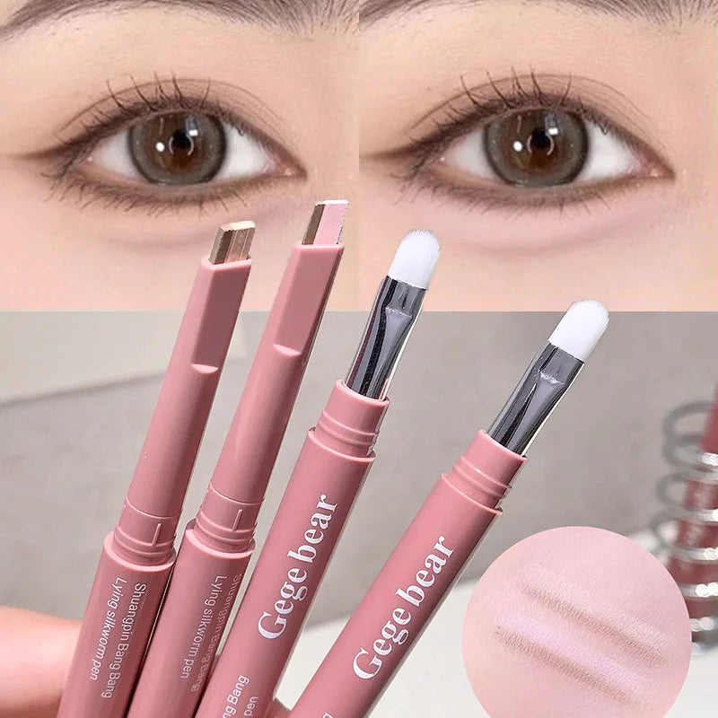 Double Ended Lying Silkworm Pencil 2 in1 Highlighter Nude Lower Eyelid Contour Aegyo-sal Eyeliner Makeup Stick with Detail Brush