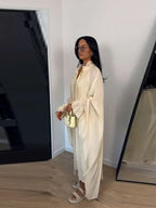 Maxi Dress Women's Dresses Batwing Sleeve Beige Ruffle Tie Neck Pleated Oversized Woman Clothes Casual Wear Summer Outfit