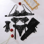 Women's Floral Embroidery Lingerie Sets Romantic Honey Bra Belt Panty 3PC with Gloves Stockings Seductive Sweet Star Underwear
