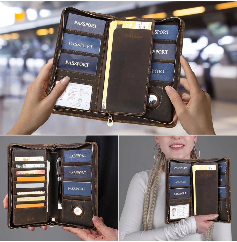 Family Passport Wallet with AirTag Slot for Travel Genuine Leather Credit Card Boarding Pass Holder Pen Cover Money Clutch Bag