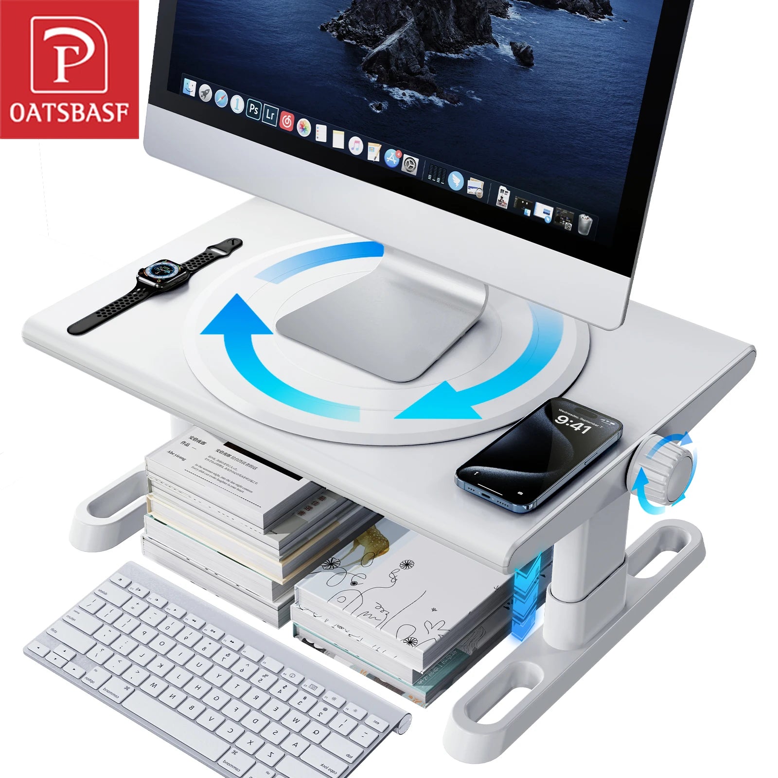 Oatsbasf Computer Monitor Stand Laptop TV Holder Monitor Shelf 360° Rotation Computer Desk Height Adjustment 50LB Load Bearing Image principale du produit