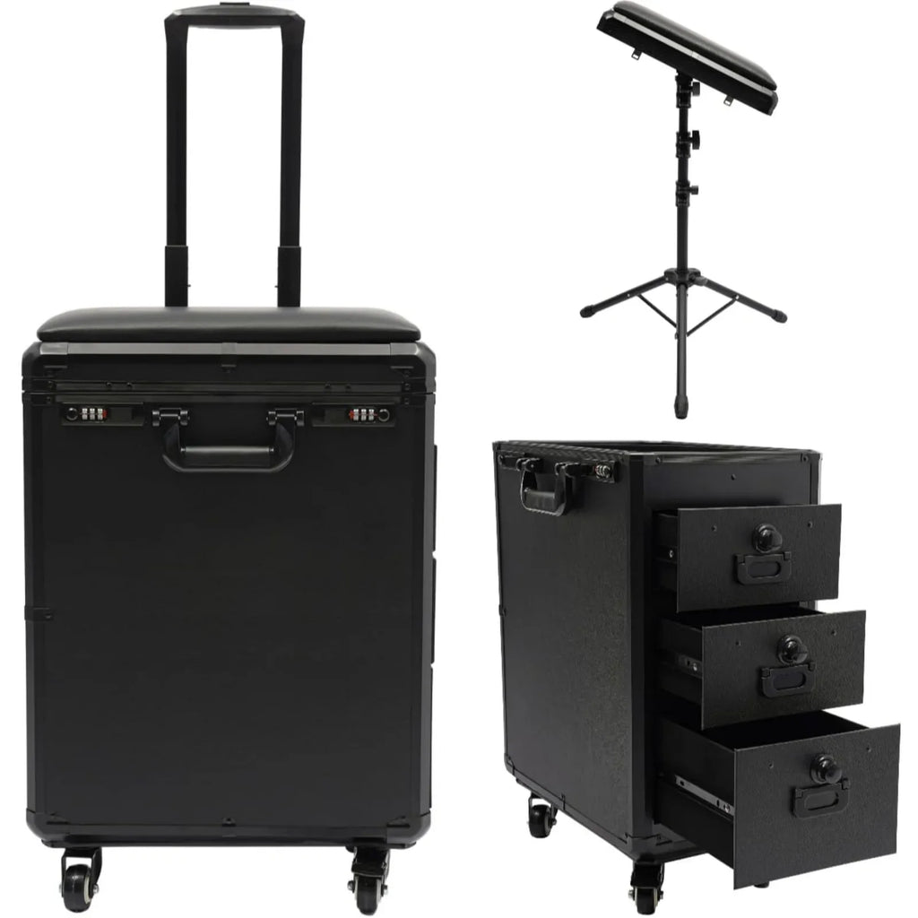 Rolling Makeup Train Case w/Tattoo Armrest Stand,Beauty Trolley Case with 3 Drawers, 4 Universal Wheels, and Combination Lock