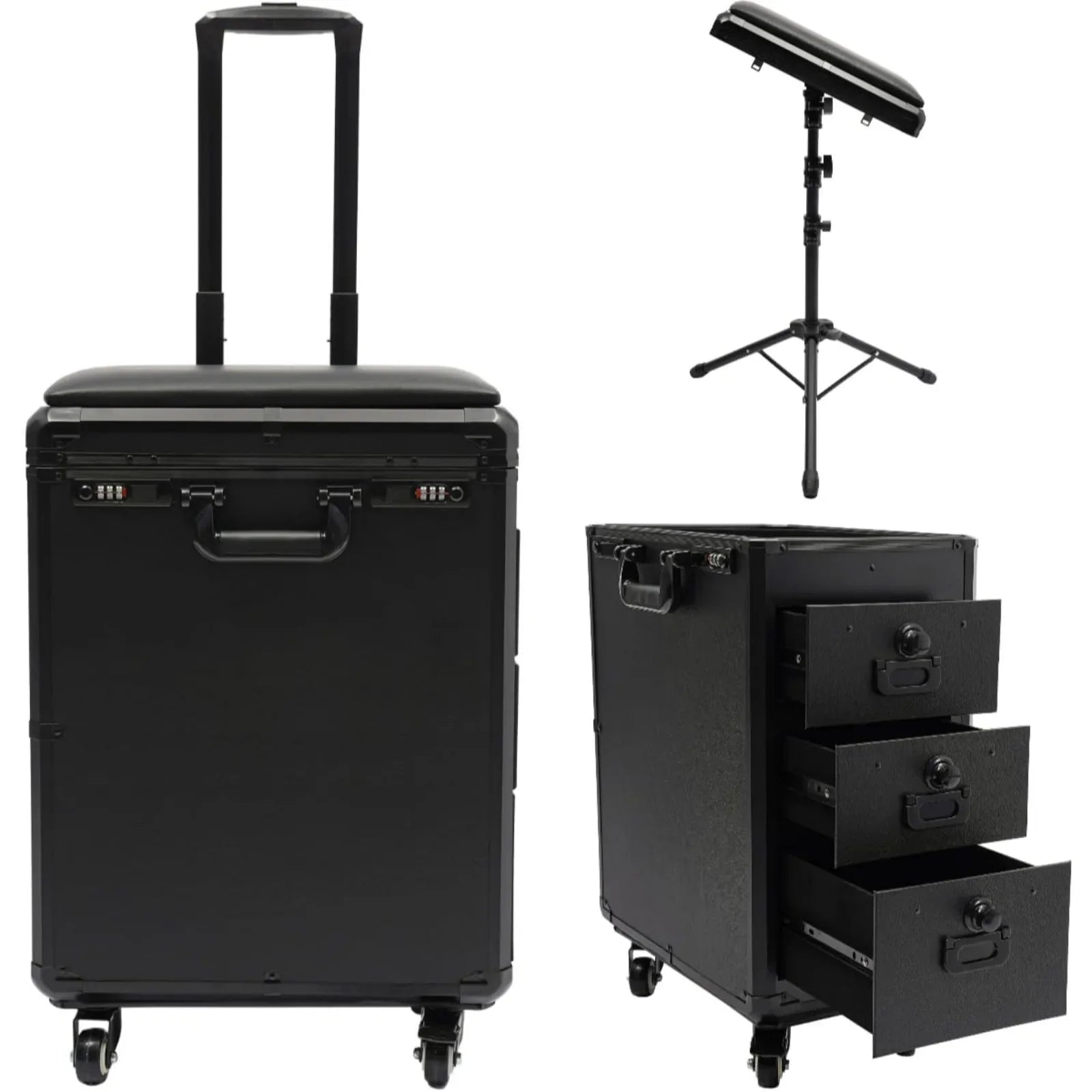 Rolling Makeup Train Case w/Tattoo Armrest Stand,Beauty Trolley Case with 3 Drawers, 4 Universal Wheels, and Combination Lock