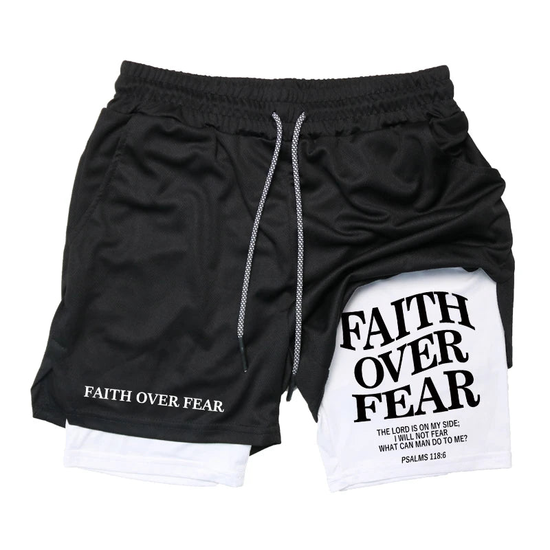 Print 2 in 1 Running Workout Shorts for Men Christian Gym Athletic Performance Shorts with Phone Pocket Towel Loop Activewear