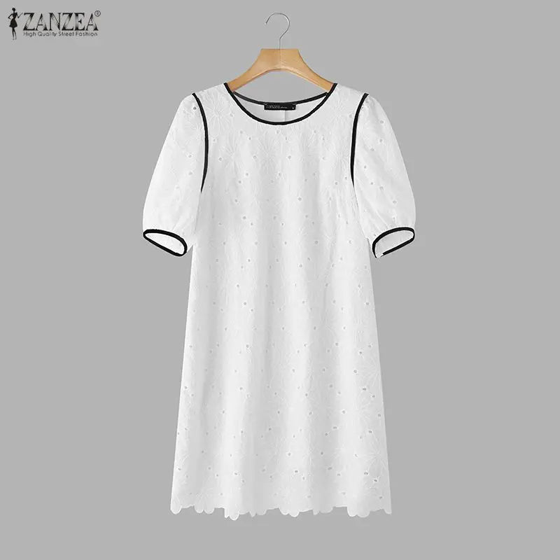 ZANZEA Summer Women's Openwork Embroidered Dresses O-Neck Half Puff Sleeve Contrast-Trim Knee-Length Dress Casual A-Line Robes