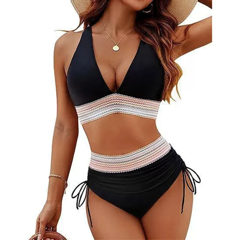 Sexy Deep V-Neck Bikini Swimsuit Set Women 2026 Summer Beach with Chest Cushion Swimwear High Waist Drawstring Triangle Bikini