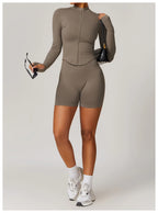 Women's Zipper Crop Sports Jacket Long Sleeve Yoga T-Shirt Solid Quick Dry Fitness Top Gym Running Workout Sportswear