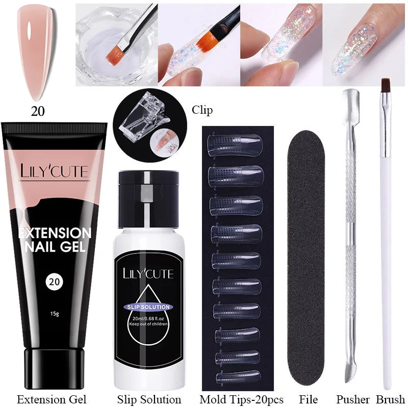 LILYCUTE 15ml Extension Gel Nail Polish Set Quick Nail Prolong With Extend Mold Nail Tips Acrylic Solution Manicure Tools Kit