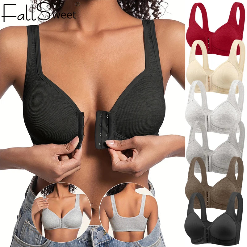 Fallsweet Seamless Front Closure Bra For Women Solid Wire-Free Push Up Bralette Full Coverage Fixed Cups Comfortable Underwear Image principale du produit