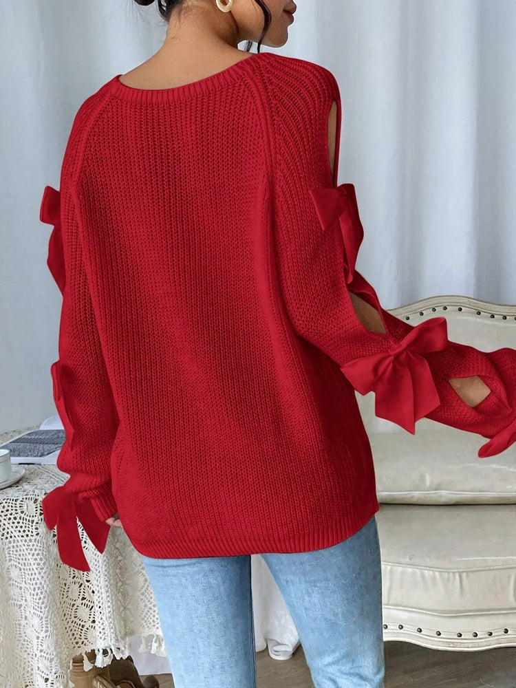Fashionable bow details hollowed out raglan sleeves knit sweater round neck minimalist sweater