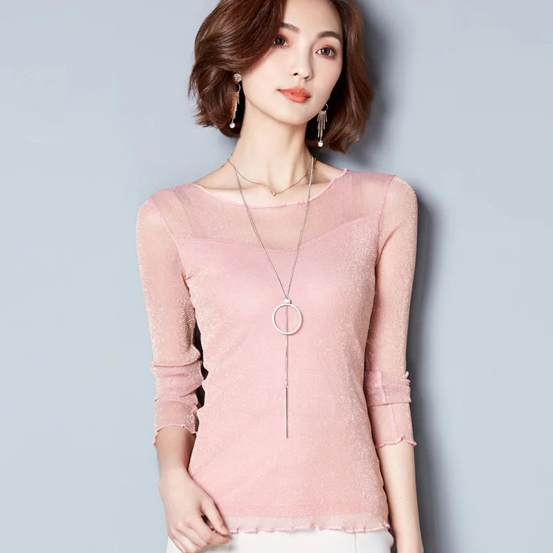 Glitter Mesh Blouse Sexy Womens Shirts Long Sleeve Tops Korean Black Pink O-Neck Elegant Slim Blouse Camisas Femininas Main image