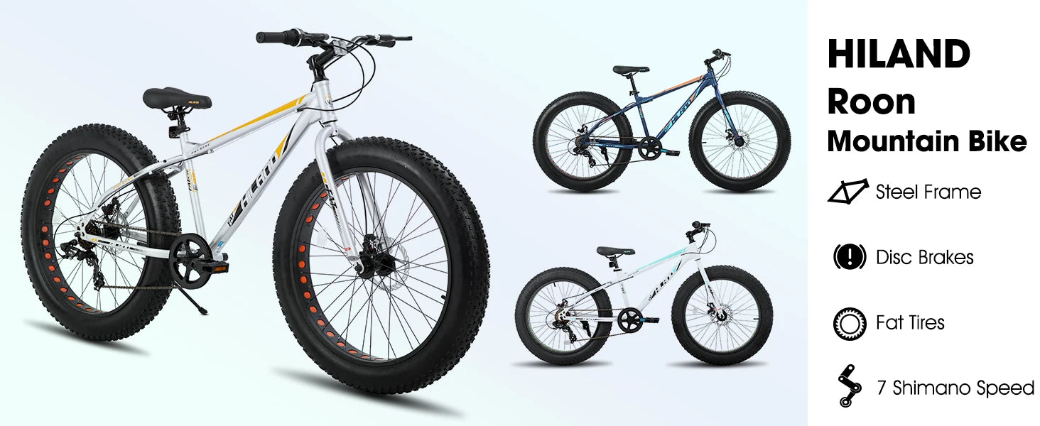 Hiland 20 Inch Kids' Bicycles Fat Tire Mountain Bike for  Age 5 + Years, Shimano 7-Speed, Dual-Disc Brake,Kids BeachBicycle