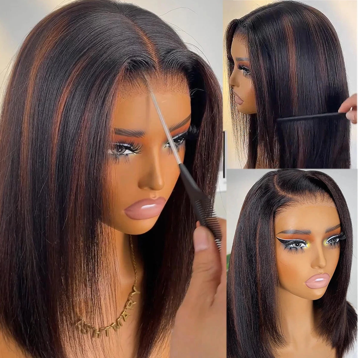 Highlight Brown Glueless 400 Density Straight Wig No Glue Brazilian Human Hair 4x4/13x6 HD Lace Front Ready To Wear Wig 18 Inch Main image