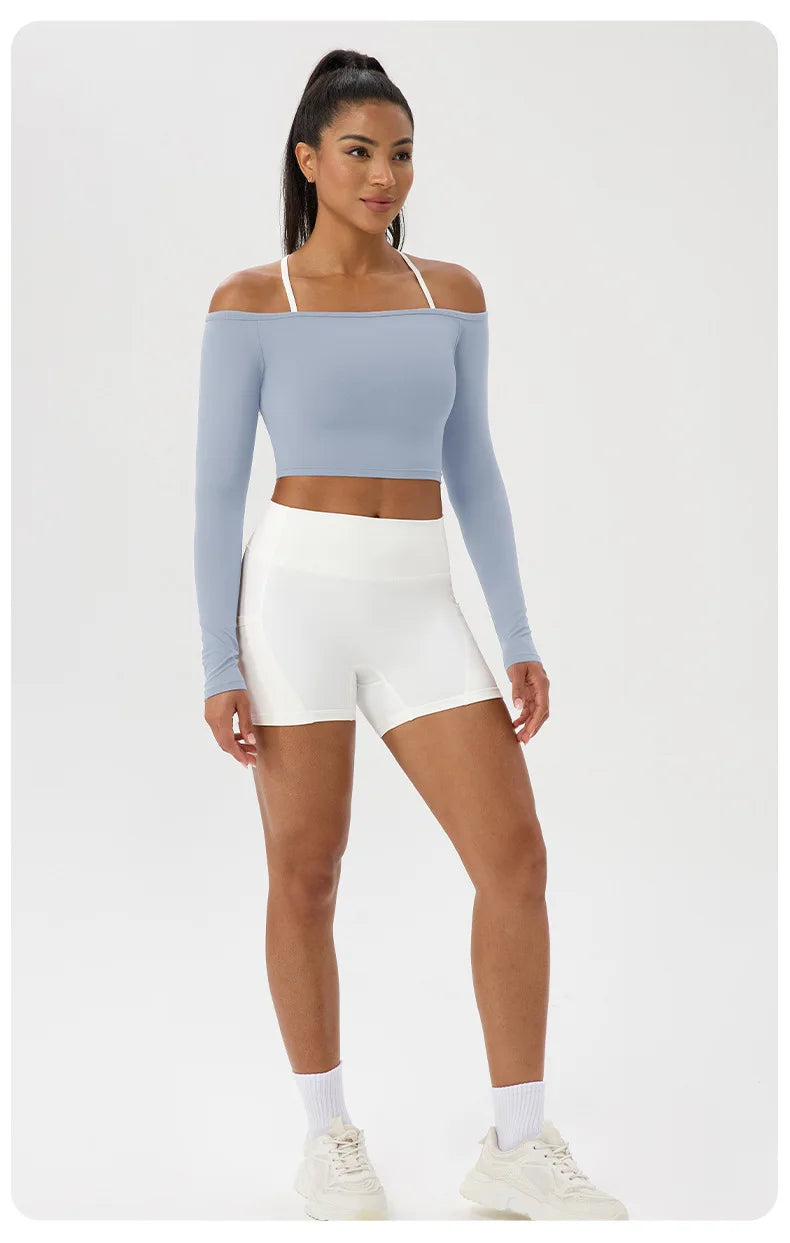 Yoga long-sleeved T-shirt women's one-shoulder sexy tight fitness wear top nude feel quick-drying sports sleeved Yoga Shirts