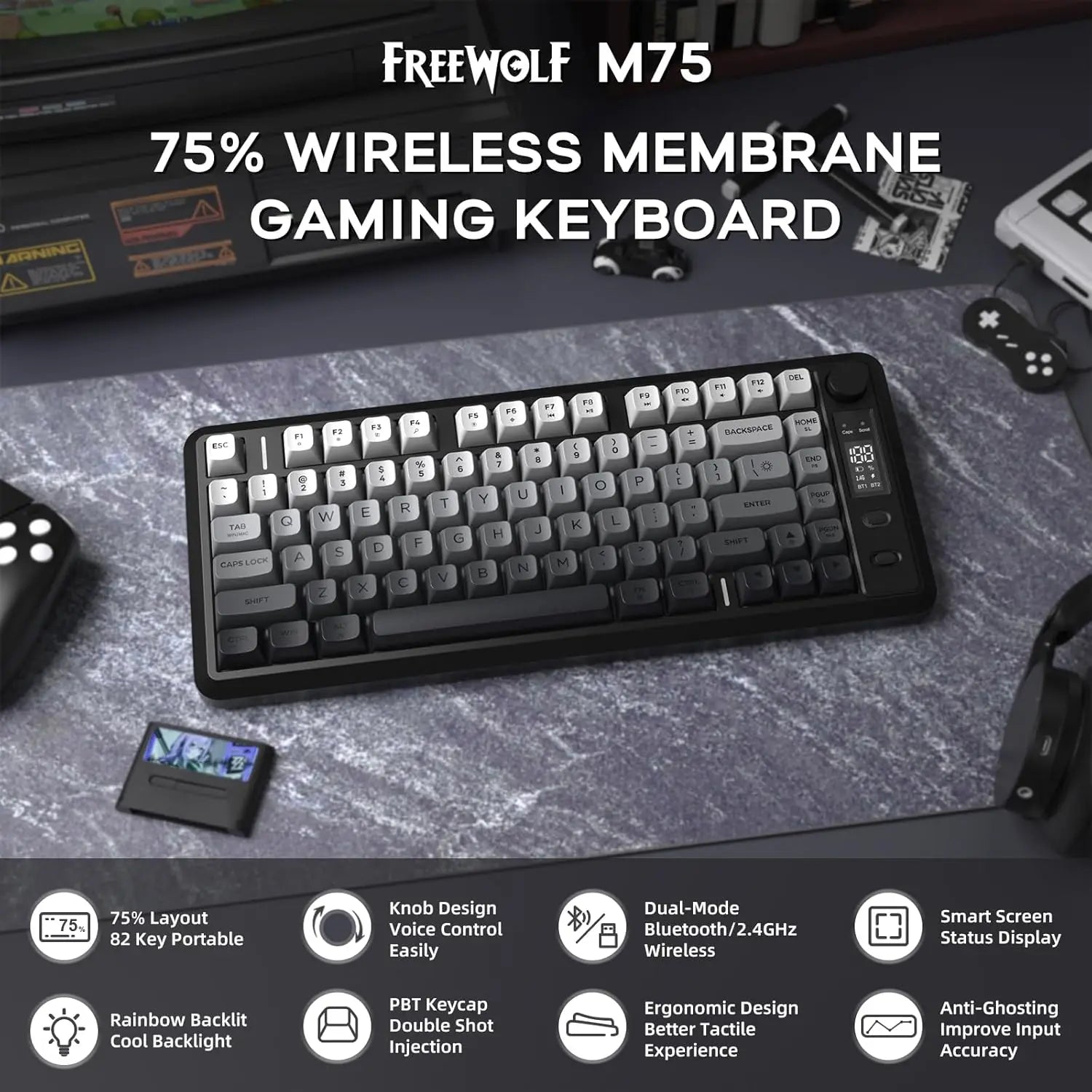 ATTACK SHARK M75 Wireless Membrane Gaming Keyboard with Knob&OLED Display Bluetooth/2.4Ghz Rainbow Backlit Gradient PBT Keycaps