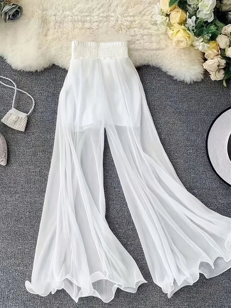 Summer solid color chiffon wide leg pants for women, high waisted, elastic waistband, flowing and slimming, casual pants Image principale du produit