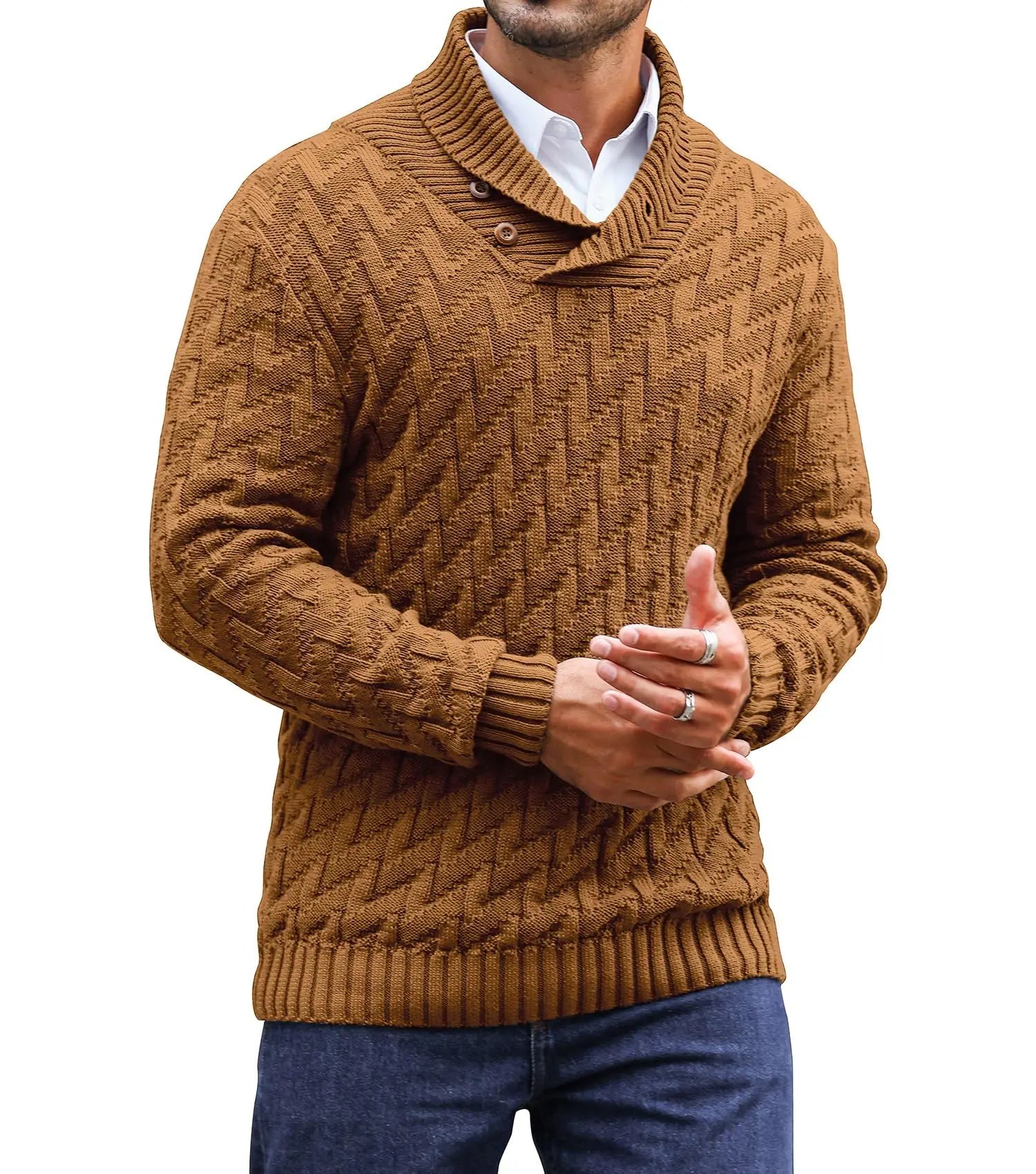 Men's Sweater Spring Shawl Collar Pullover Solid Color Sweater Casual Cable Knit Button-Up Pullover High Quality Tops US Size