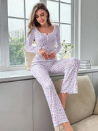Women's Pajama Set Lace Buttons Trims Sleepwear Slim Long-sleeved Trousers Floral Print Stylish sexy Loungewear Nightwear Pyjama
