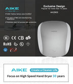 AIKE Air Tank Heavy Duty Automatic Hand Dryer HEPA Filter UL Approved 1450W Brushed Stainless Steel Finish Hand Drying Machine