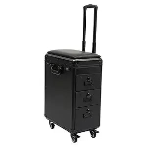 Rolling Makeup Train Case w/Tattoo Armrest Stand,Beauty Trolley Case with 3 Drawers, 4 Universal Wheels, and Combination Lock