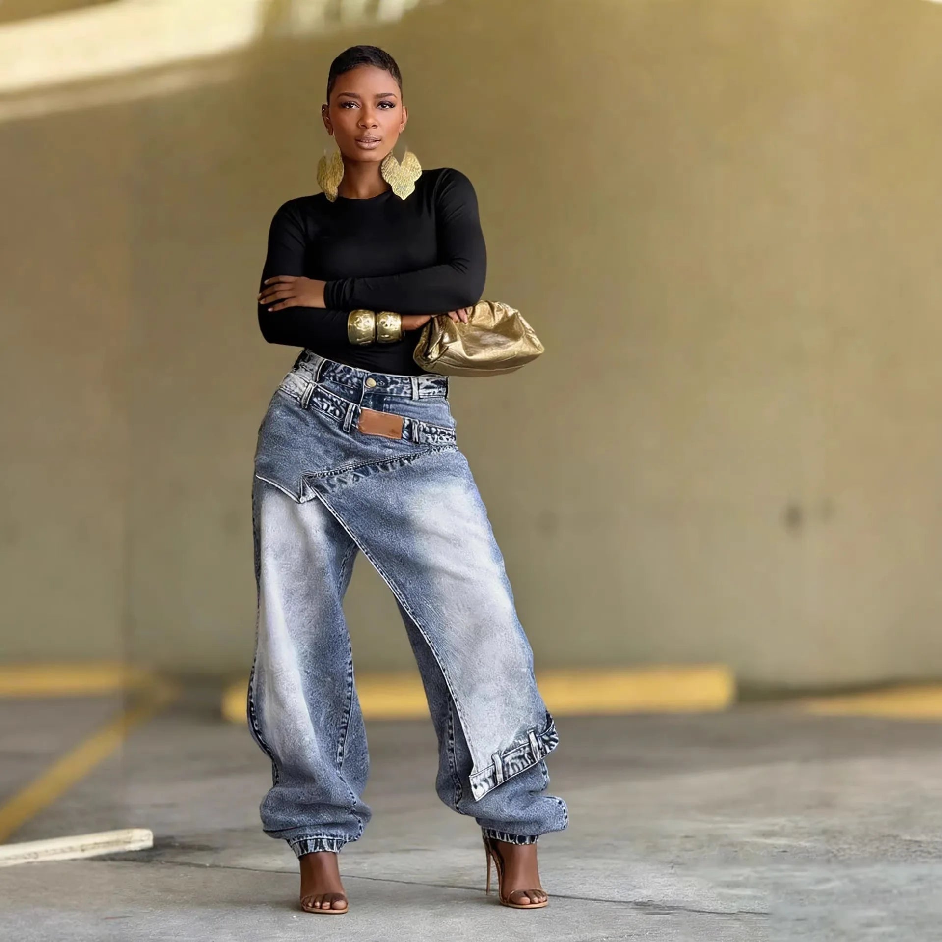 Jeans Women Vintage Wide Leg Pants Denims Washed Streetwear Patchwork Patches Straight Trousers Distressed Floor Length 2026 Image principale du produit