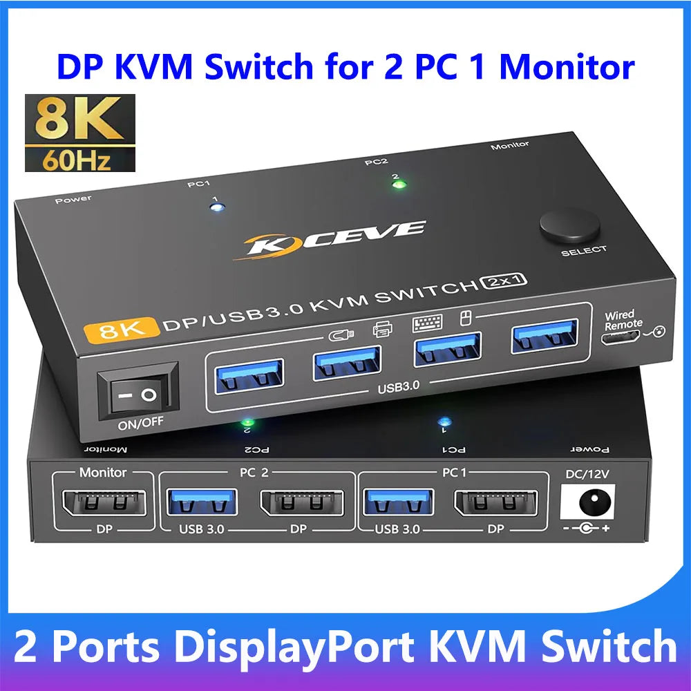 KCEVE 8K DisplayPort KVM Switch 2 Computers 1 Monitor ,8K@60Hz/4K@240Hz DP KVM Switch for 2 PC 1 Monitor to Share Mouse,Keyboard Secondary image