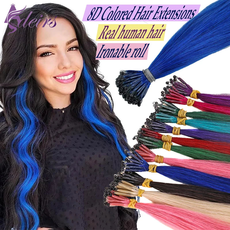 ADEIRS Color  8D Tip Hair Extensions 100% Real Human Hair Microbeads Extensions Color Purple Blue Pink Gray 18-20inch Main image