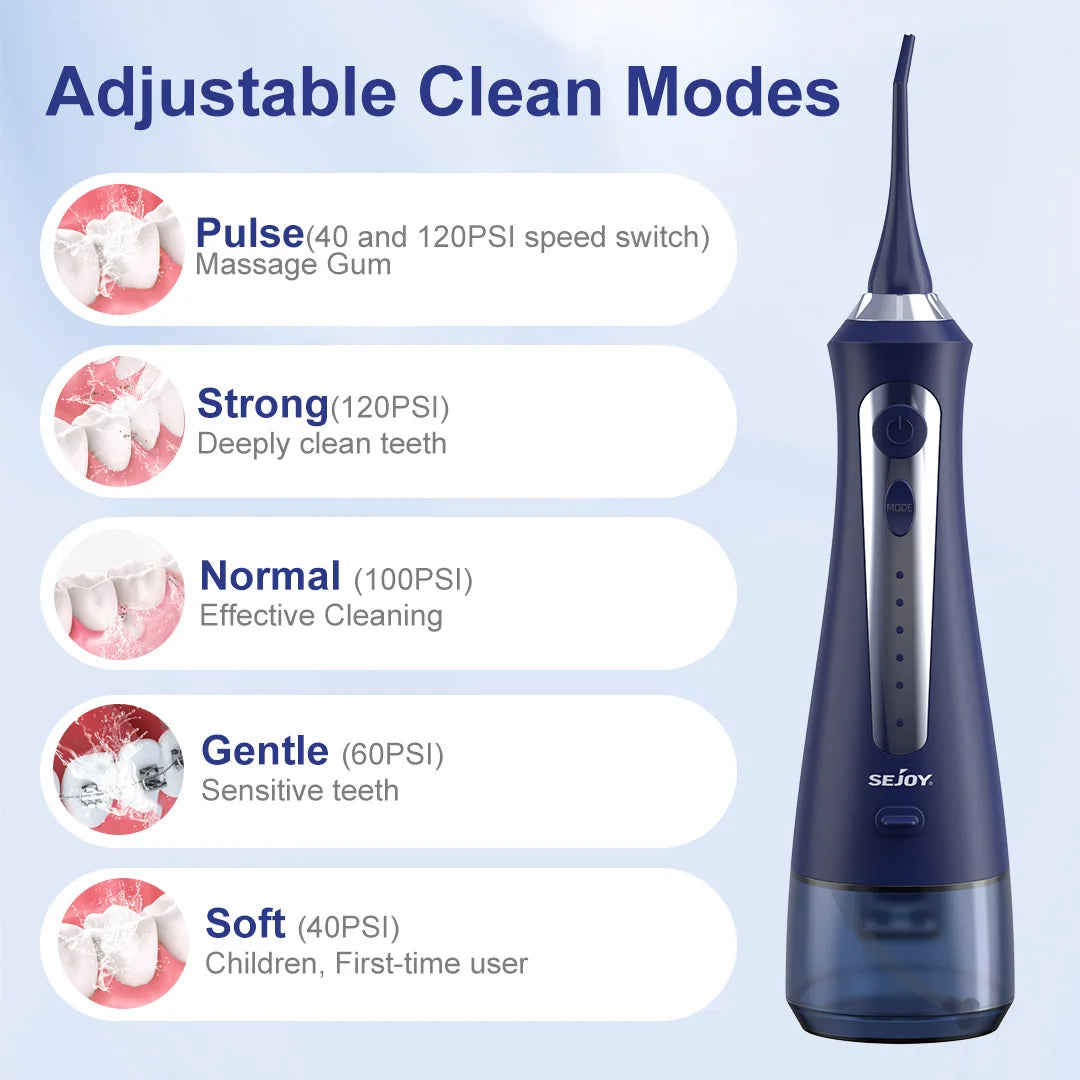 SEJOY Water Flosser Irrigator Dental Teeth Whitening strips Portable 230ML Tank 5 Modes 8 Jet Tips Washing Machine for Home