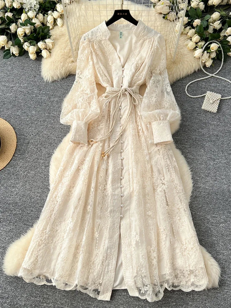 Spring Autumn French High-end Women's Dress New Lace Embroidery V-neck Lantern Sleeves Single Breasted Party Birthday Dress C192 Main image