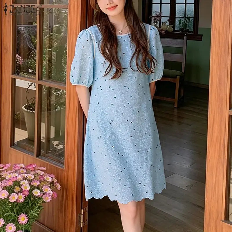ZANZEA Summer Women's Openwork Embroidered Dresses O-Neck Half Puff Sleeve Contrast-Trim Knee-Length Dress Casual A-Line Robes