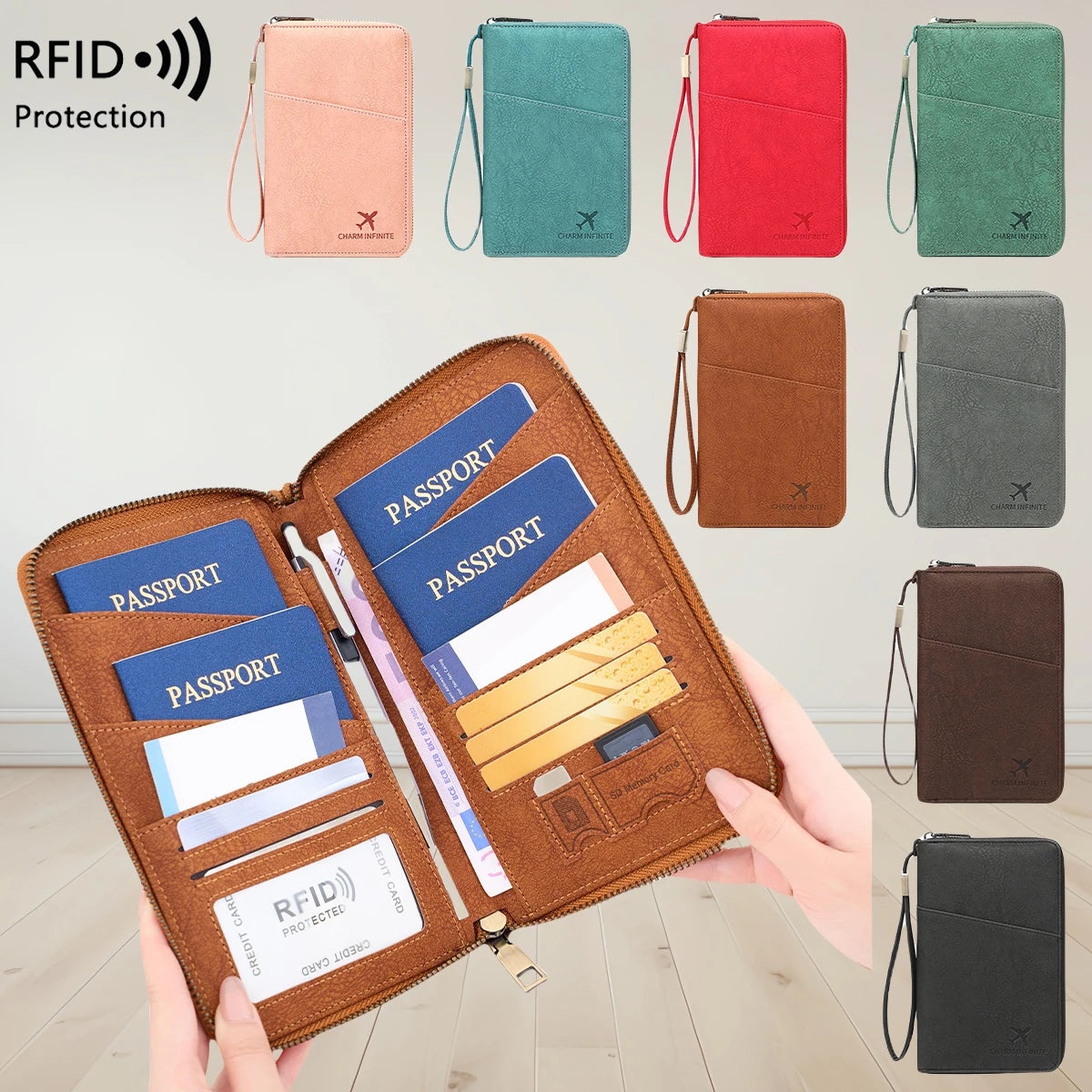 Multi-Functional RFID Blocking Passport Bag Travel Document Holder with Long Zipper Ticket Storage Wallet for Multiple Passports Image principale du produit