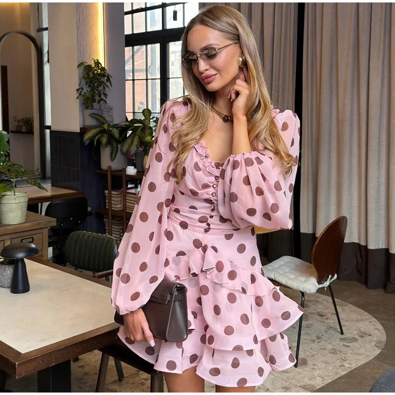 Elegant Polka Dots Casual Dress For Women Pink Ruffle Full Sleeve S Line Summer Dresses Lady New Fashion Street Robe 2026