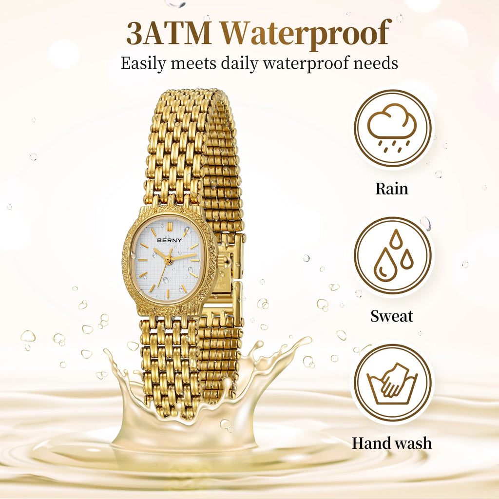 BERNY Gold Women's Watch Luxury Small Dial Ladies Gold Watch Jewelry Bracelet Quartz Lady Watch Stylish Fashion Women Watches