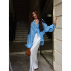 Women Solid Lapel Full Sleeves Pant Suits Chic Single Breasted Wide-leg Long Pants Sets 2026 Lady  Casual Daily Loose Fit Outfit