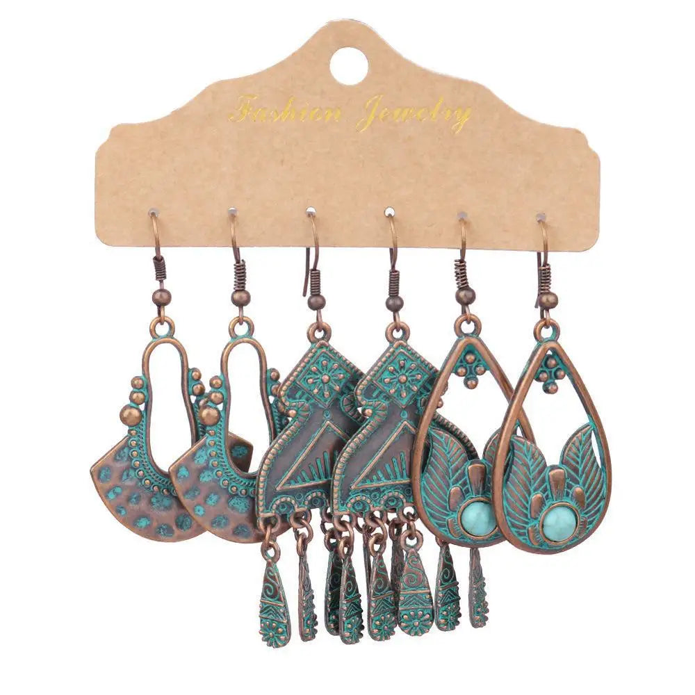 Boho 3Pcs/set Ethnic Leaf Bronze Earrings Set Vintage Hanging Earrings for Women Gypsy Statement Jewelry Accessories Pendientes
