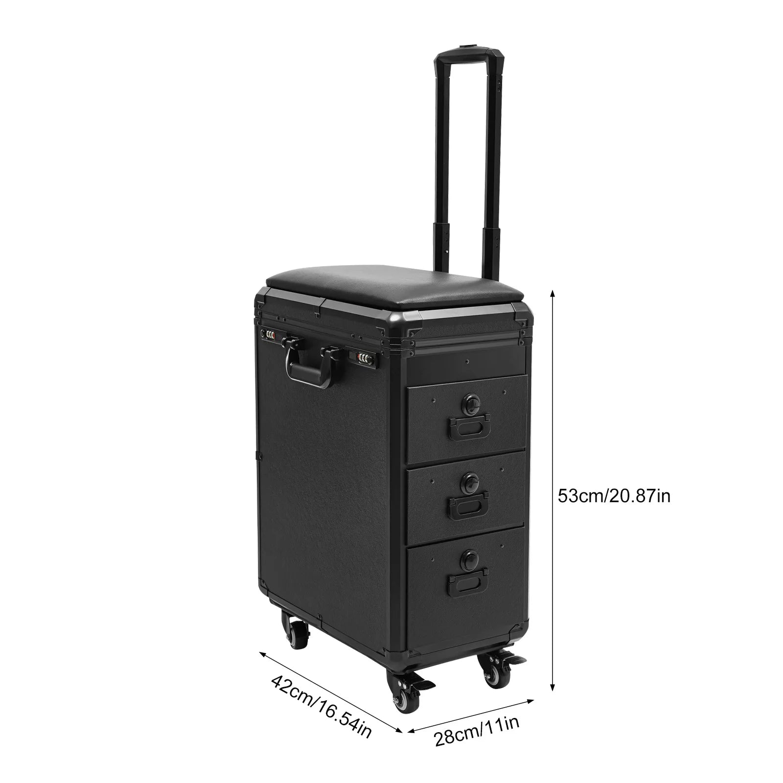 Rolling Makeup Train Case w/Tattoo Armrest Stand,Beauty Trolley Case with 3 Drawers, 4 Universal Wheels, and Combination Lock