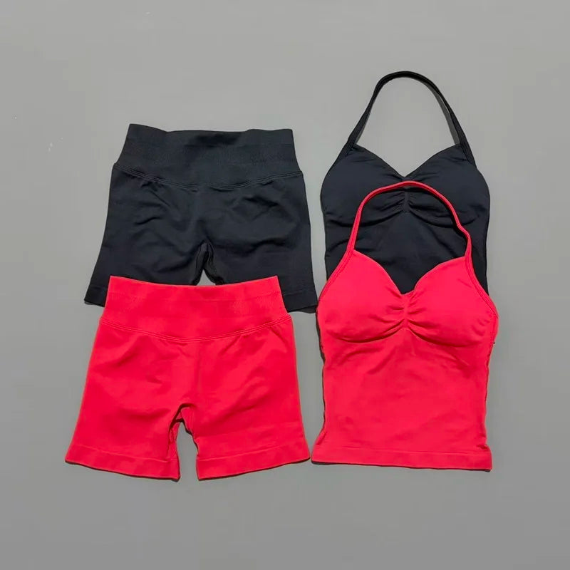 2 Pieces Sports Set Women Backless Halter Tops Fitness Tank Top High Waist Seamless High Stretch Shorts Gym Workout Sets