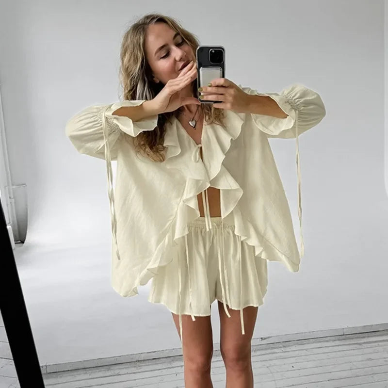 Casual Shorts Two-piece Set For Women Ruffled Loose Tie Top Simple Shorts Set OL Office Lady Summer Female Shorts Suit