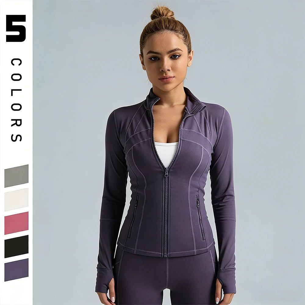 Women's Full-Zip Long Sleeve Yoga Jacket – Slim Fit Workout Jacket with Thumb Holes & Side Pockets, 5 Colors Available Main image