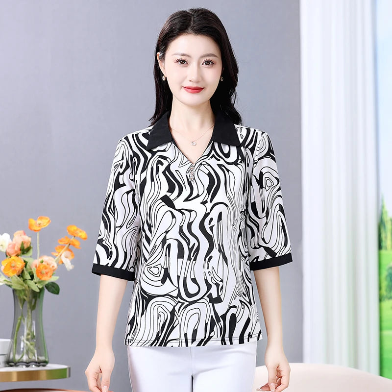 Summer half sleeve Shirt Fashion Commute All-match Ice Silk Printed Button Loose Women's Blouses Top
