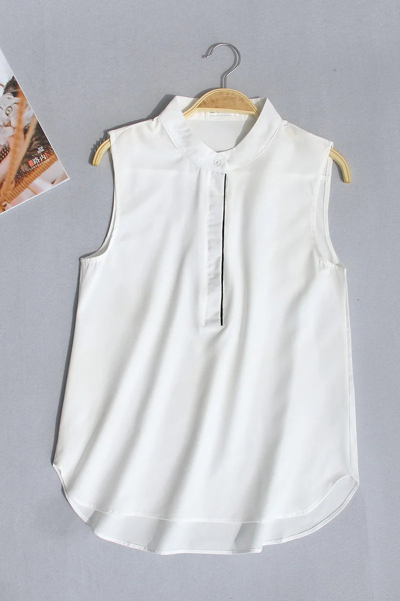 #2503 Woman Tops And Blouses Sleeveless Shirt Women Summer Thin Vest Pullover Button Basic Top Chiffon Red White Black Polo Neck Secondary image