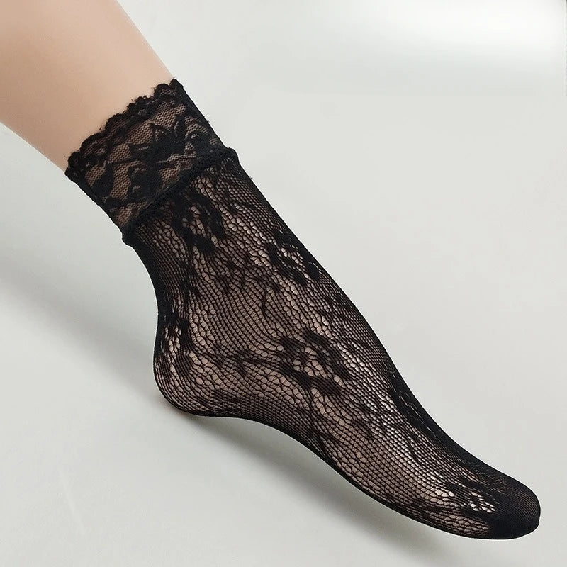 5 Pairs Floral Lace Socks Thin Breathable Short Socks Summer Mesh Lolita Fishing Net Women's Stockings Hosiery