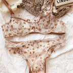 New Lingerie Thongs Set Sexy Ultra Thin Transparent Bra Women Underwire Push Up Bra Set Summer Romantic Peach Heart Underwear
