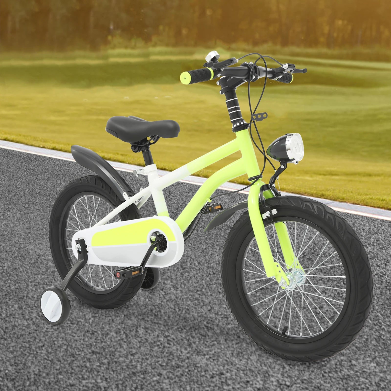 16 Inch Children's Bicycle Carbon Steel Mountain Bike with Auxiliary Wheels & LED Light for 5-8 Years Old,Height Adjustable,60Kg